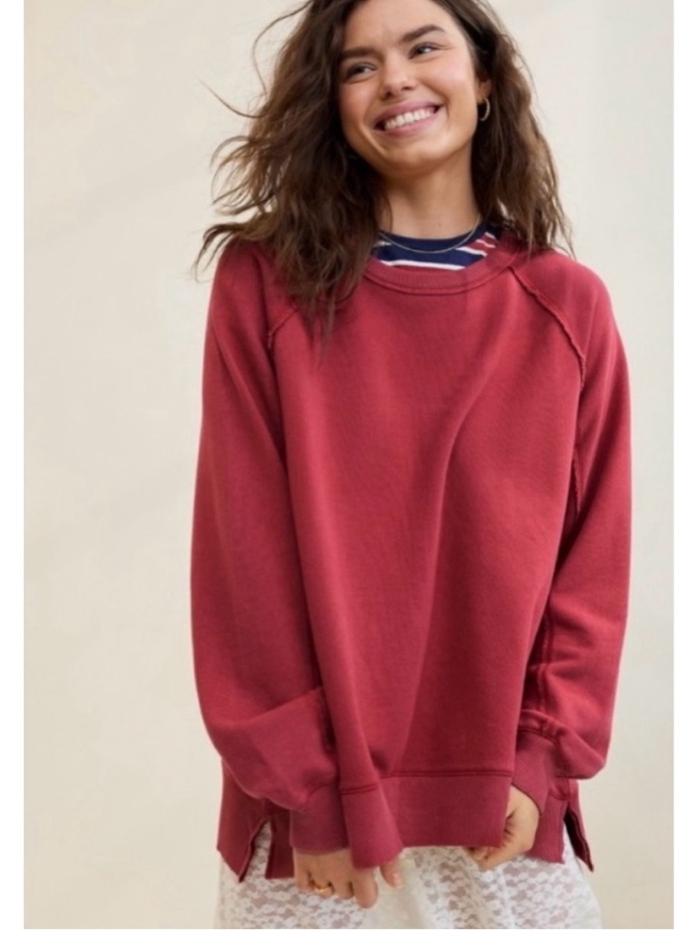 Aerie Women’s Oversized East West Crew Sweatshirt In Red, Size Small